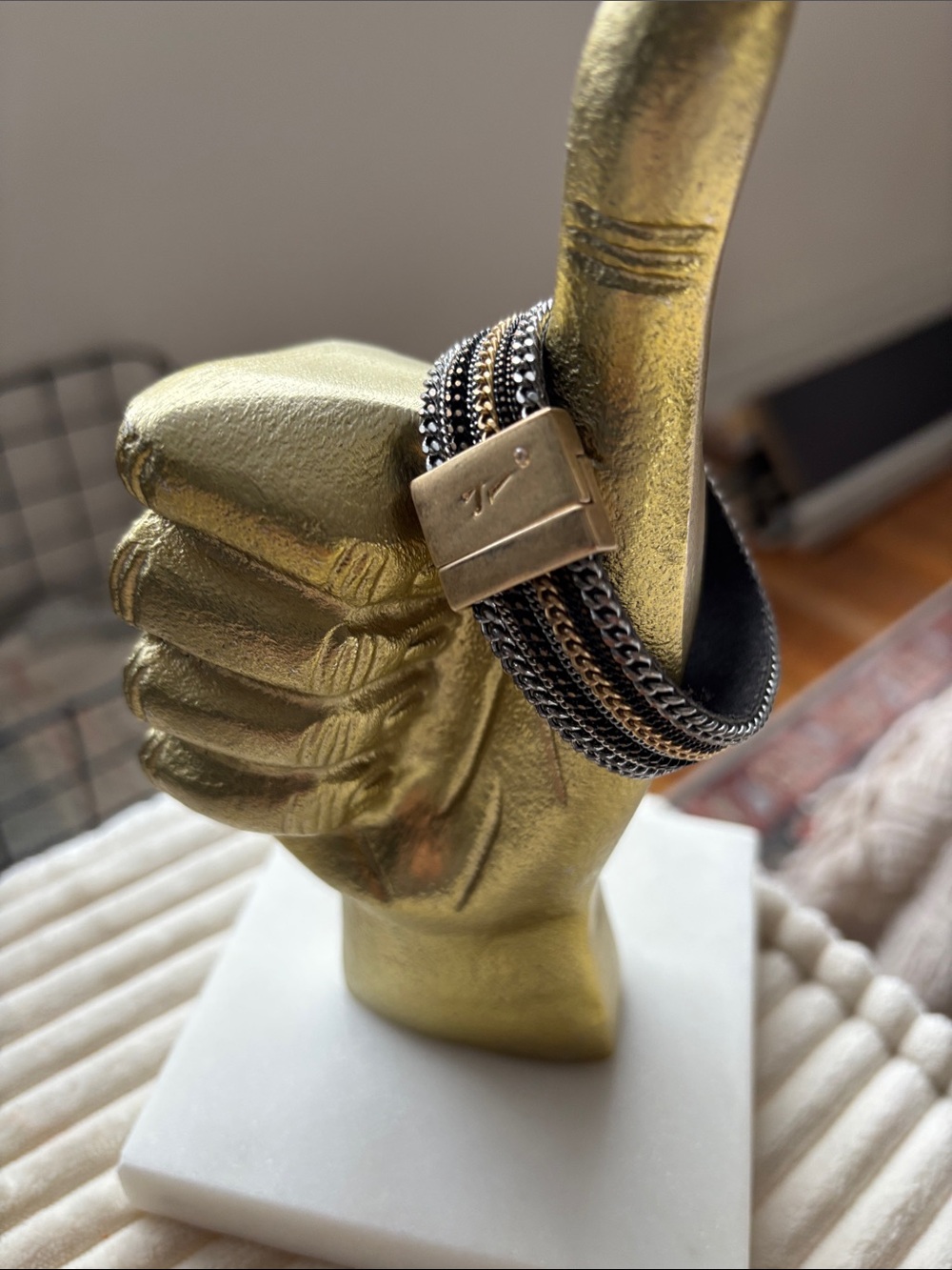 Black Multi-Chain Leather Bracelet with Gold Clasp